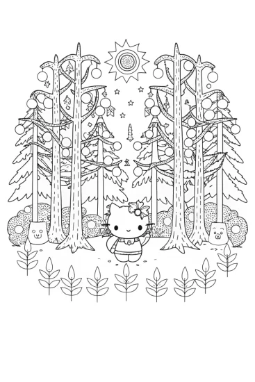 A coloring page of Hello Kitty’s enchanted forest adventure
