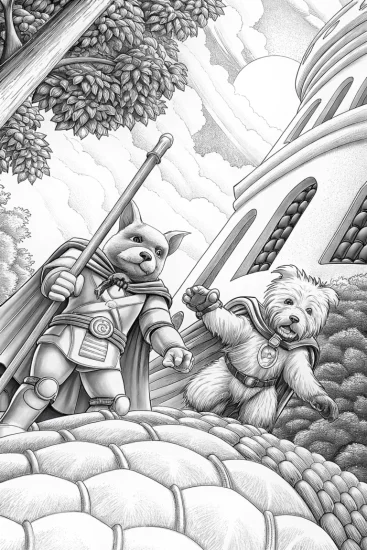 A coloring page of Superhero pets on a quest
