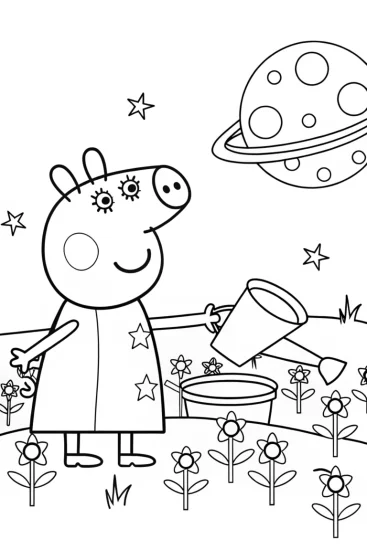 A coloring page of Peppa Pig’s galactic gardening