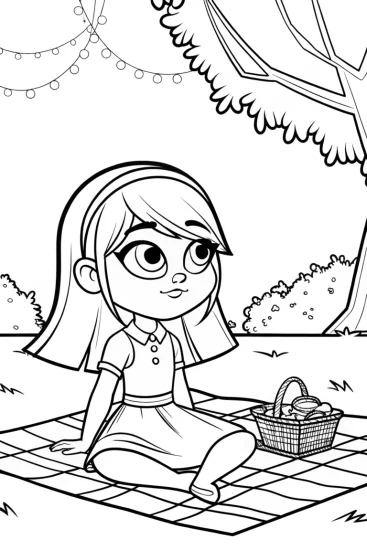 A coloring page of Gabby picnicking under the aurora