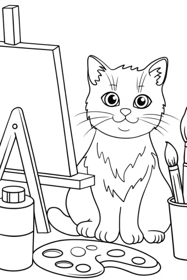 A coloring page of Palette the cat’s art adventure