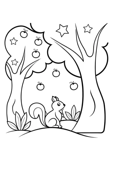 A coloring page of Squirrel’s enchanted orchard quest
