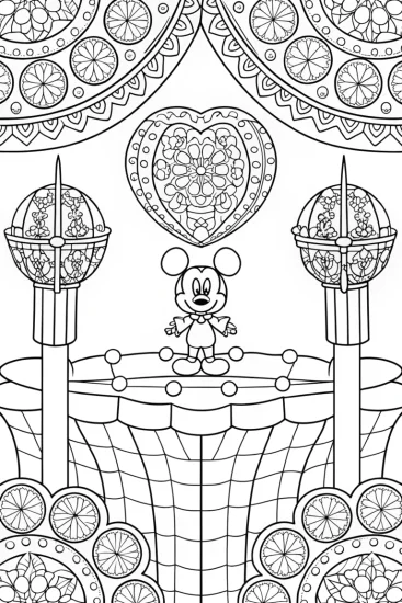 A coloring page of Mickey Mouse on a floating island