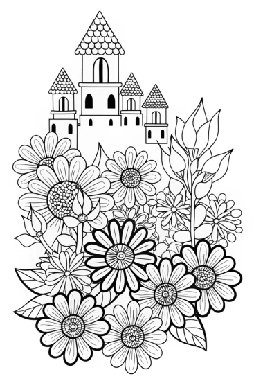 A coloring page of Flowers building a dream city