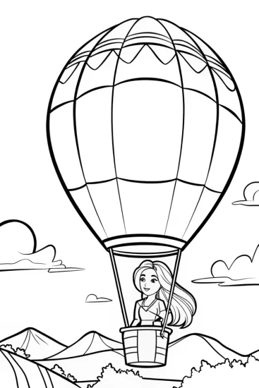 A coloring page of Barbie’s hot air balloon adventure