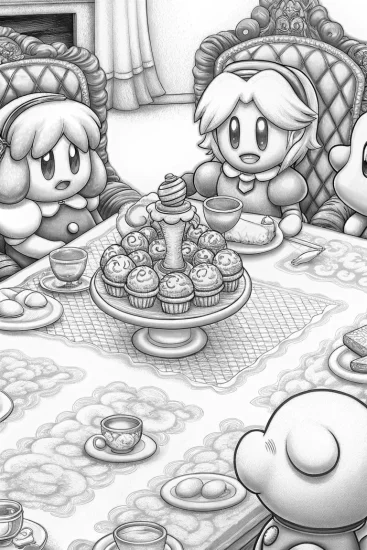 A coloring page of Kirby tea party with friends