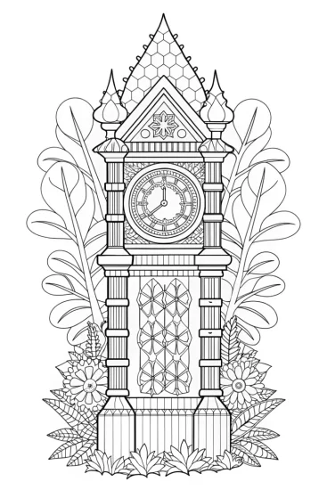 A coloring page of Huggy Wuggy’s magical clock tower