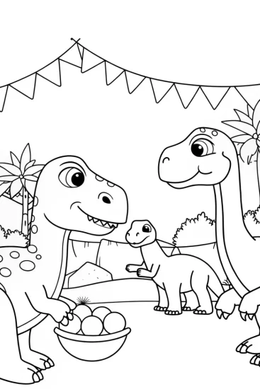 A coloring page of Dinosaurs at a prehistoric festival