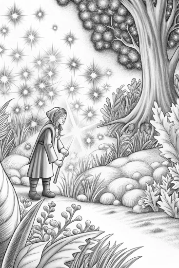 A coloring page of Star Gardener in a magical garden