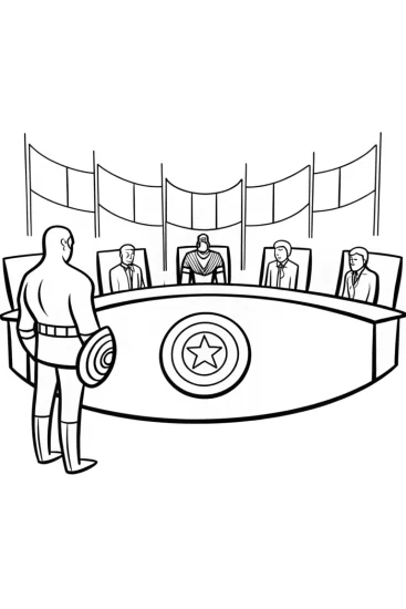 A coloring page of Captain America at a peace summit