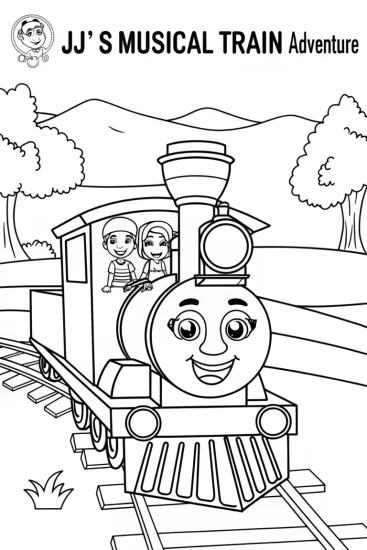 A coloring page of JJ’s musical train adventure