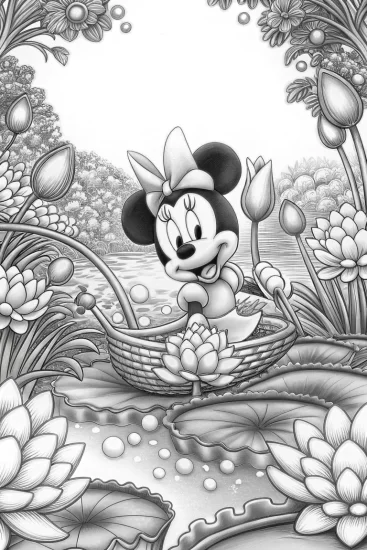 A coloring page of Minnie Mouse in a floating garden