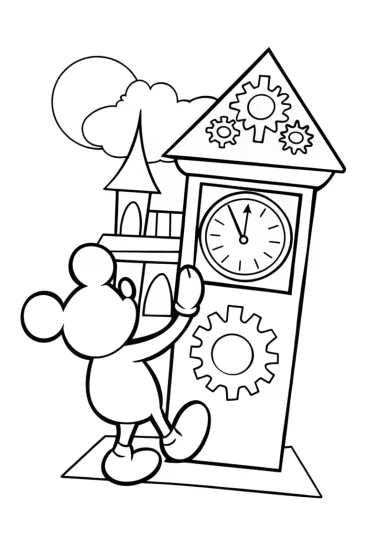 A coloring page of Mickey Mouse’s clock tower adventure