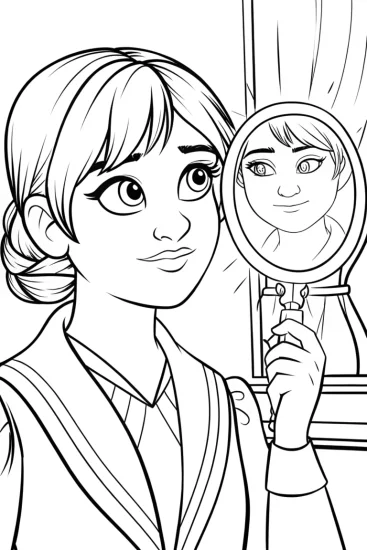 A coloring page of Banban discovering a magical mirror
