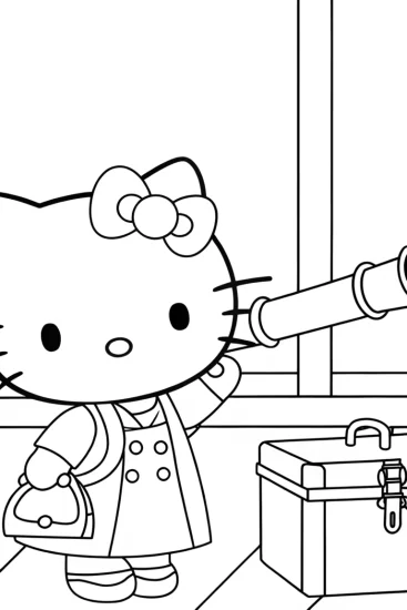 A coloring page of Hello Kitty opening a time capsule
