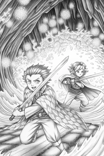 A coloring page of Demon Slayer in a magical cave