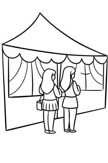 A coloring page of Rainbow High students at art fair