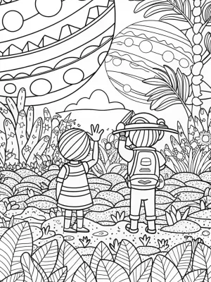 Children exploring a summer planet coloring pages