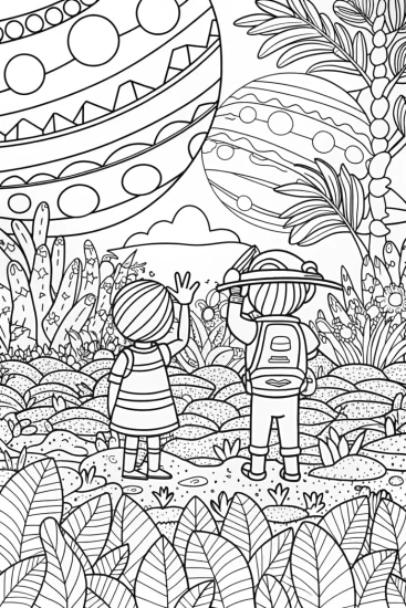 A coloring page of Children exploring a summer planet