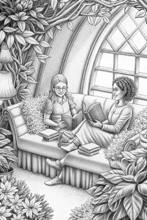 Flower librarians sharing stories coloring pages