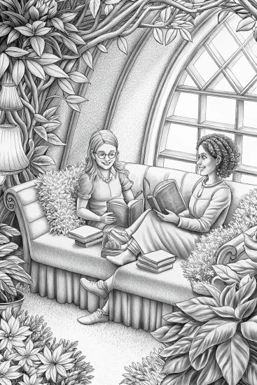 A coloring page of Flower librarians sharing stories