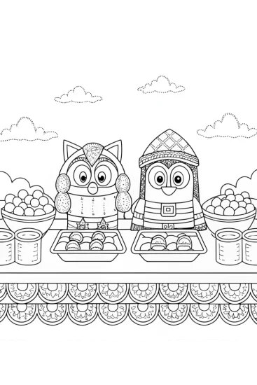A coloring page of Bluey and Bingo baking in the sky