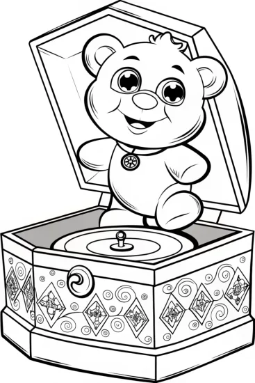A coloring page of Cheer Bear in a music box