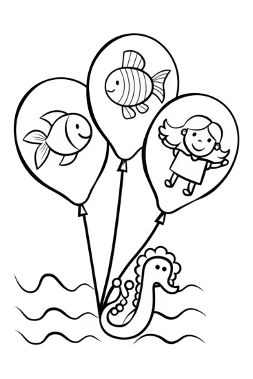 A coloring page of Children in sea creature balloons