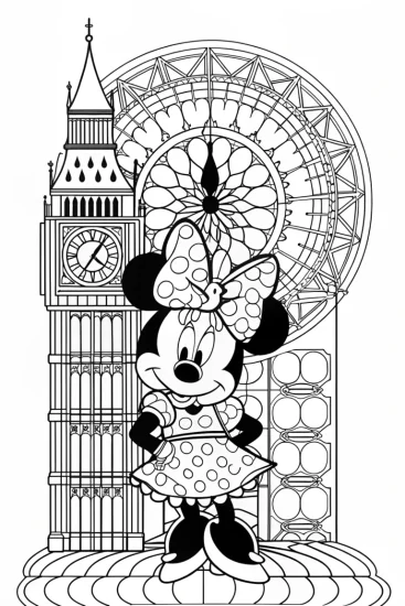A coloring page of Minnie Mouse at the clock tower
