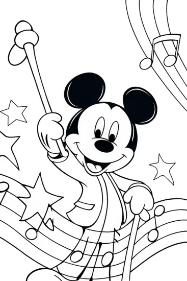 A coloring page of Mickey Mouse’s enchanted music journey