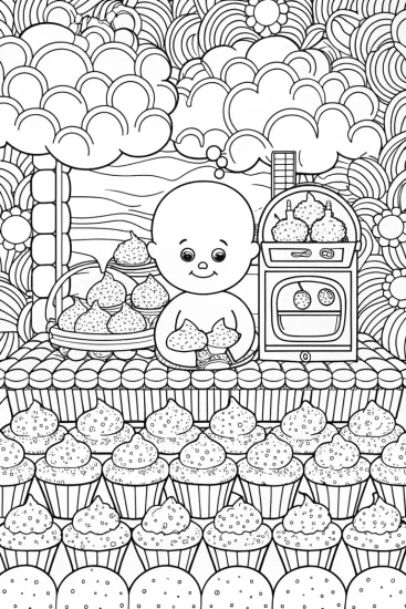 A coloring page of Baby baking in a cloud bakery