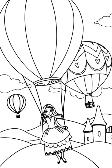 A coloring page of Alice’s dreamy balloon adventure