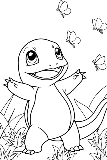 A coloring page of Charmander dancing with fireflies