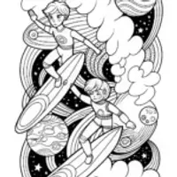 Anime adventurers surfing in space