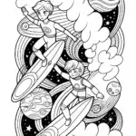 Anime adventurers surfing in space