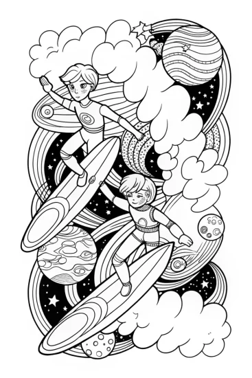 A coloring page of Anime adventurers surfing in space