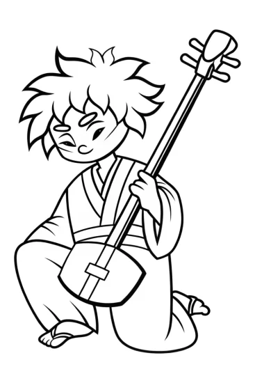 A coloring page of Demon Slayer playing shamisen