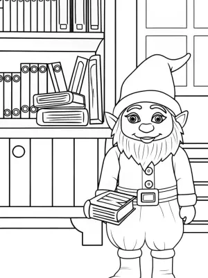 Gnome librarian organizing books coloring pages
