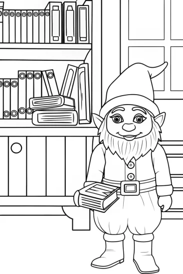 A coloring page of Gnome librarian organizing books