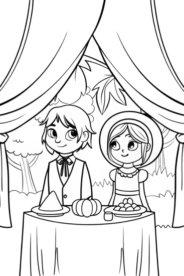 A coloring page of Thanksgiving under the enchanted canopy