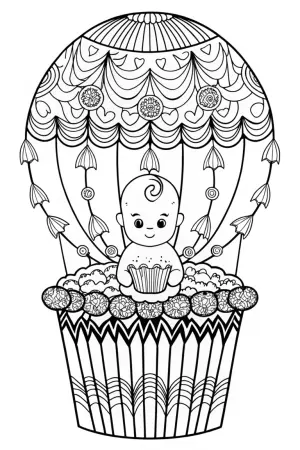 Baby in a cupcake hot air balloon coloring pages
