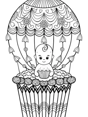 Baby in a cupcake hot air balloon coloring pages