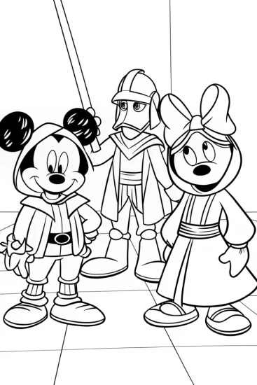 A coloring page of Mickey and friends costume swap
