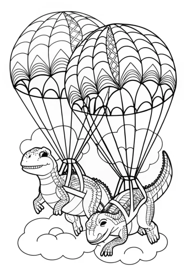 A coloring page of Dinosaurs skydiving adventure