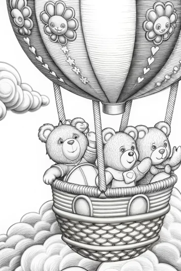 A coloring page of Care Bears balloon adventure