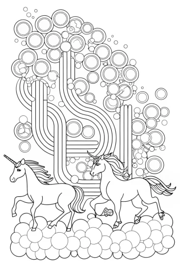 A coloring page of Unicorns navigating a bubble labyrinth