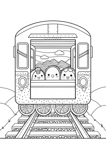 A coloring page of Squishmallows on a train ride