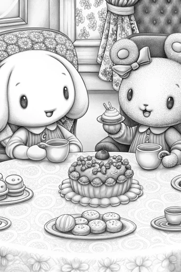 A coloring page of Cinnamoroll’s tea party