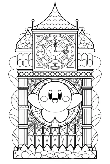 A coloring page of Kirby in the clock tower