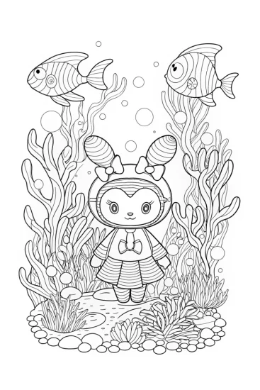 A coloring page of Kuromi at the underwater carnival